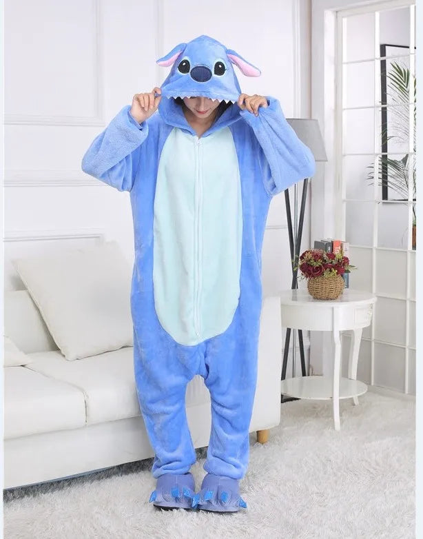 Anime Kigurumis Onesies With Slippers Overalls Adult Women Men Blue Animal Pajama Button Zipper Jumpsuit Funny Outfit XXL Suit
