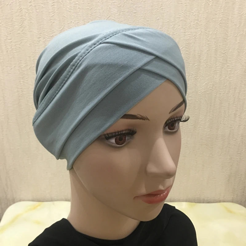 H117 Forehead criss Cross Muslim Turban Pure Color Stretch Inner Hijabs For Caps Ready To Wear Women Head Scarf Under Bonnet