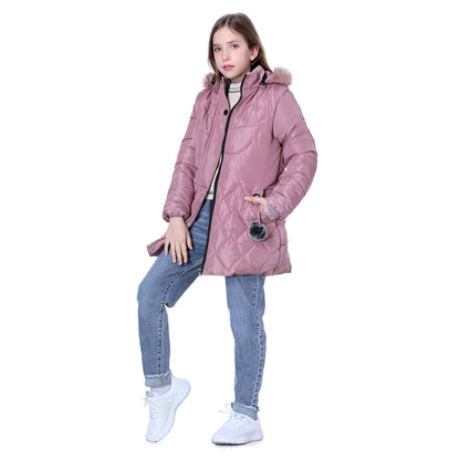 Winter Girls Jacket,Warm Thick Cotton Coat,Fashion Fur Hooded Children's Outerwear,Hairballs Zipper Elastic Waistband Coats