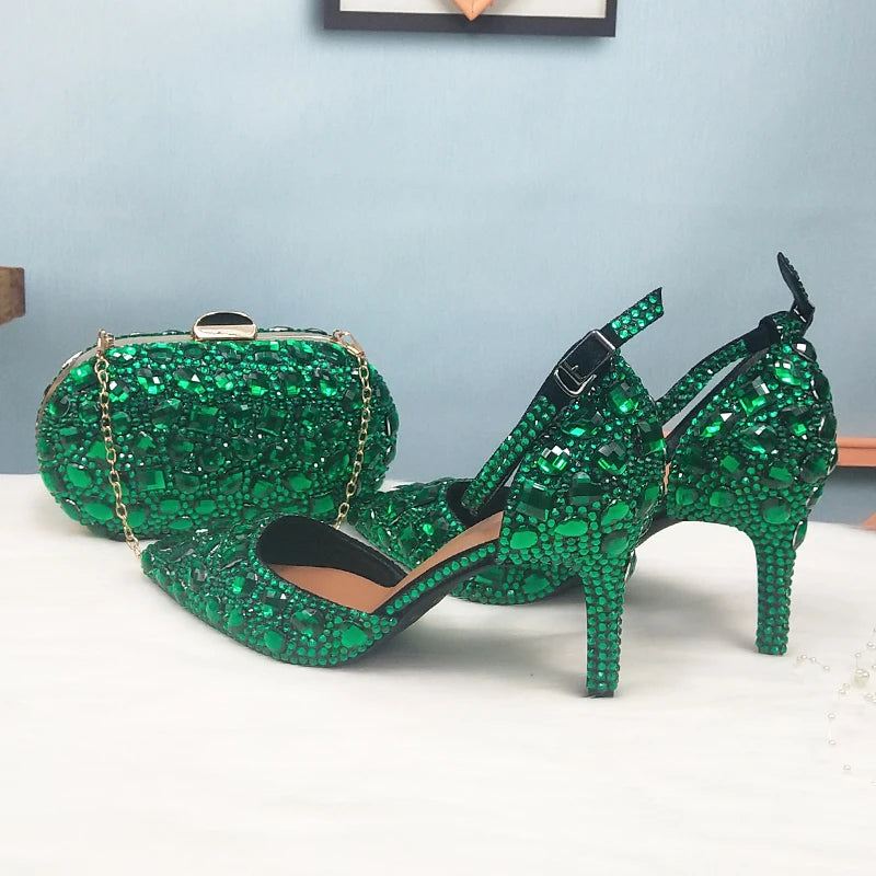 BaoYaFang 2022 NEW ARRIVE Green Crystal Wedding Shoes Woman Thin Heel Pointed Toe Bridal Party Dress Shoe Big Size High Pumps