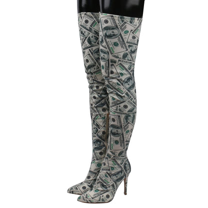 Dollar Printed Stretch Thigh Boots Pointed Toe Thin High Heel Slim Leg Elastic Over The Knee Boots Women Fall Fashion Long Boots