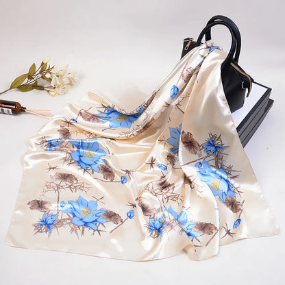 Wholesale Fashion Floral Print Kerchief Silk Satin Shawls and Wraps Hijab Scarfs Female 90cm*90cm Square Bag Scarves For Ladies