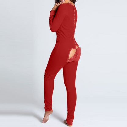 Sexy Pyjama Women's Jumpsuit Suit Button-down Front Back Butt Open Ass Flap Jumpsuit Pajamas Loungewear Buttoned Sleepwear