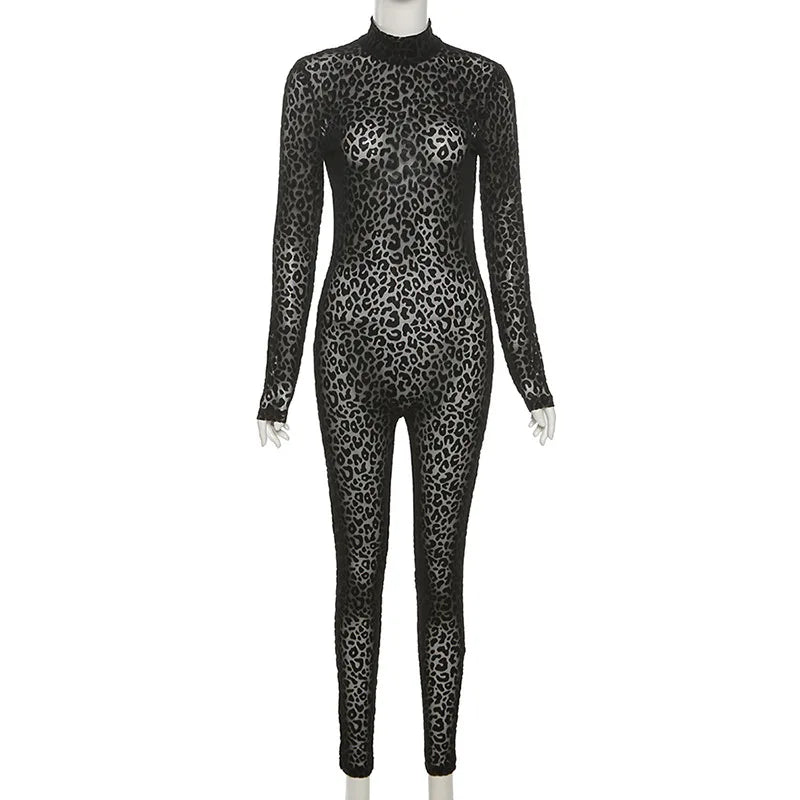 Shestyle Leopard Transparent Jumpsuits Women Skinny Back Zip Mock Neck Black Sexy 2021 Hot Animal Print Slim Clubwear Fitness