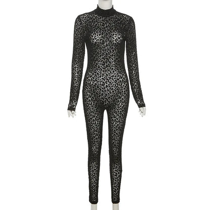 Shestyle Leopard Transparent Jumpsuits Women Skinny Back Zip Mock Neck Black Sexy 2021 Hot Animal Print Slim Clubwear Fitness