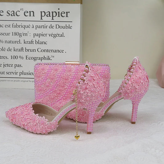 AB Pink Pearl Flower Wedding Shoes With Matching Bags High Heels Pointed Toe Ankle Strap Ladies Party Shoe and Bag Set