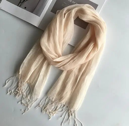 55*180cm Fashion Soft Solid Women 100% Linen Flax Tassel Scarf Summer Travel Sunscreen Long Shawl Elegant Hijab Women Foulard