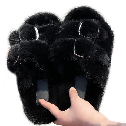 Slippers Ladies Summer Fluffy Mink Fur Slippers 100% Mink Fur Slippers Ladies Sandals 2021 Home Slippers Girls Outdoor Slippers