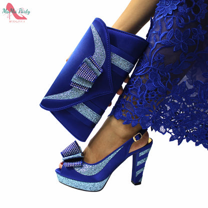 2024 High Quality Fashion Nigerian Women Shoes Matching Bag Set in Royal Blue Color Specials Design with Appliques for Party