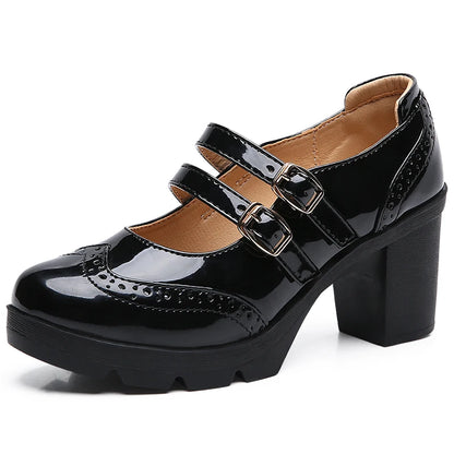 EOFK Women Pumps Shoes Genuine Leather New Mary Jane High Heels Shinny Patent Woman Ladies Shoes Pumps Brogue High Square Heel