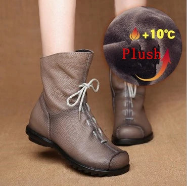 JIANBUDAN/ Genuine Leather Plush Women's Short Boots Retro Casual Autumn Winter Women's Boots Waterproof Leather Warm Snow Boots