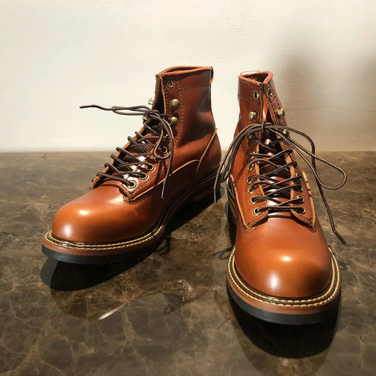 Handmade Vintage British Lace-Up New Genuine Leather Platform Men Wings Ankle Boots Dress Work Casual Wine Red Motorcycle Boots