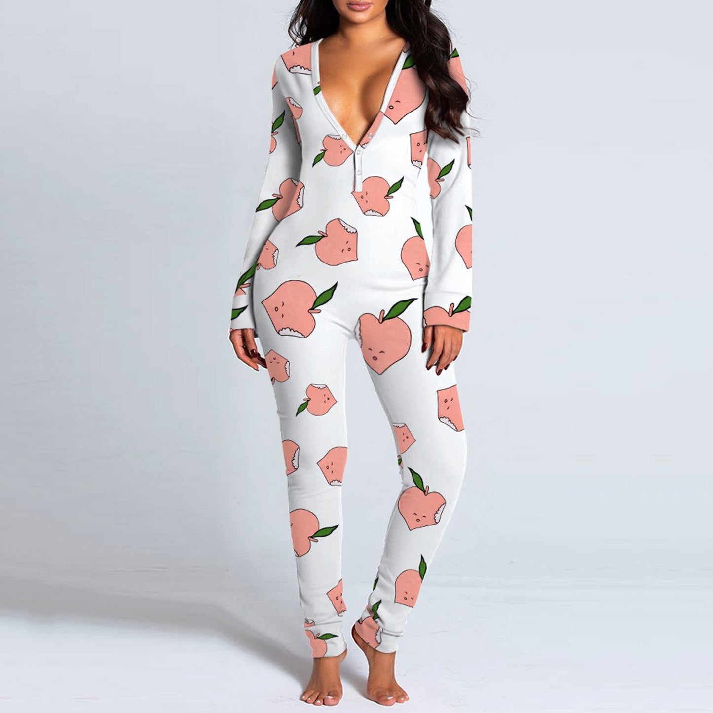 Sexy Women Pajamas Onesies Button-down Front Buttoned Flap Adults Pyjama Plaid Cow Print V-neck Long Sleeve Jumpsuit Sleepwear