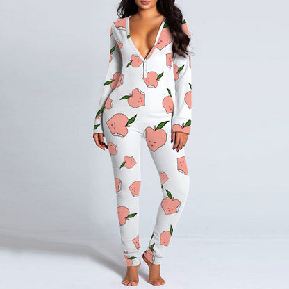Sexy Women Pajamas Onesies Button-down Front Buttoned Flap Adults Pyjama Plaid Cow Print V-neck Long Sleeve Jumpsuit Sleepwear