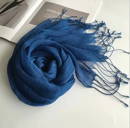 55*180cm Fashion Soft Solid Women 100% Linen Flax Tassel Scarf Summer Travel Sunscreen Long Shawl Elegant Hijab Women Foulard