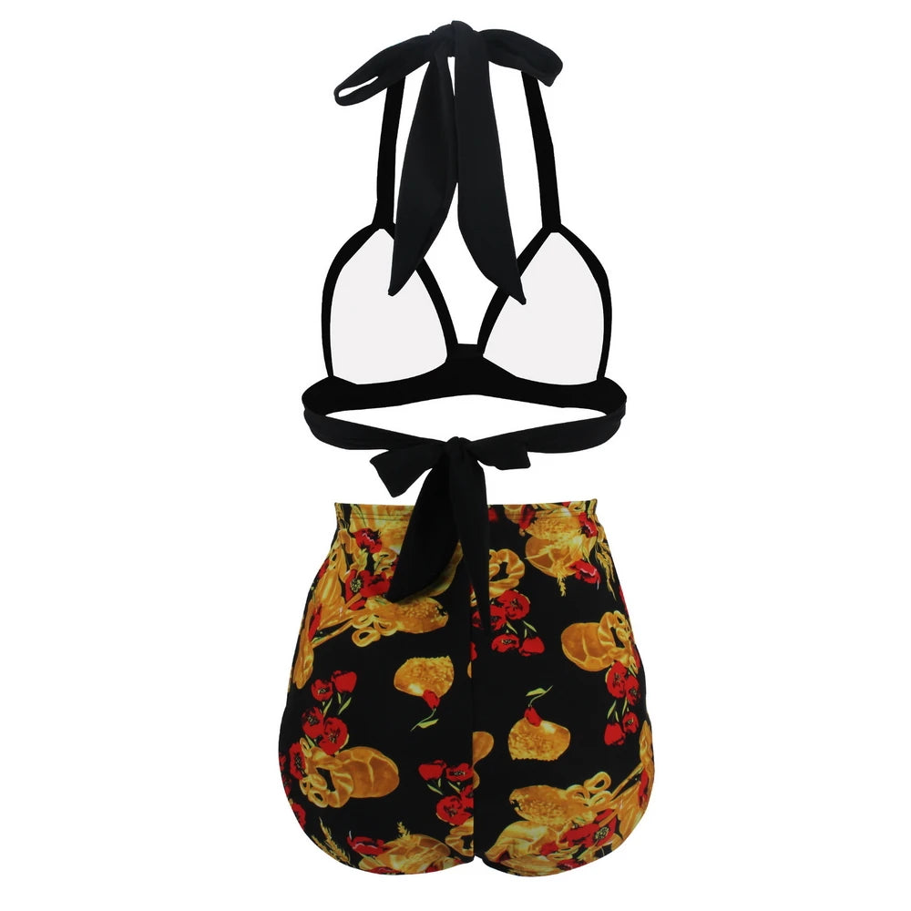 Pleated Bikini Red Top Navy Blue With White Dots Bottom Women Classic High Waist Halter Bikini Sets Plus Size Two-piece Swimwear