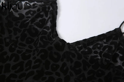 Kliou Flocking Mesh Jumpsuit Women Autumn Sexy Camis Leopard Patchwork Body-Shaping One Piece Clothing Midnight Attire Clubwear