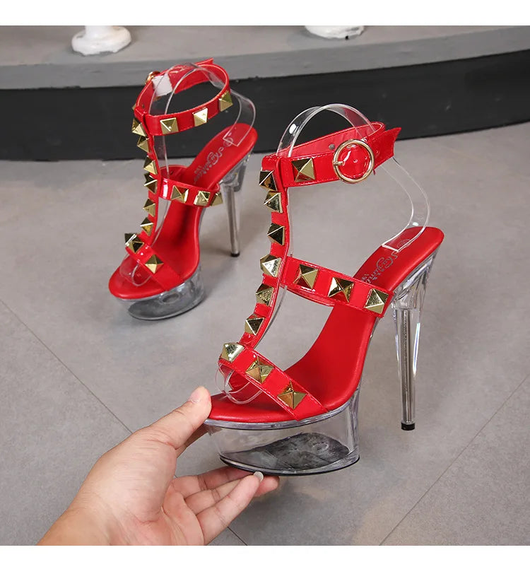 Women's Platform Sandals Rivet Pull Sandals Transparent High Heel 13CM Slim Heel Summer Waterproof Table LFD-1099-36