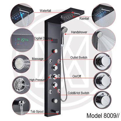 LED Light Shower Panel Waterfall Rain Digital Display Shower Faucet Set SPA Massage Jet Bathroom Column Mixer Tap Tower System