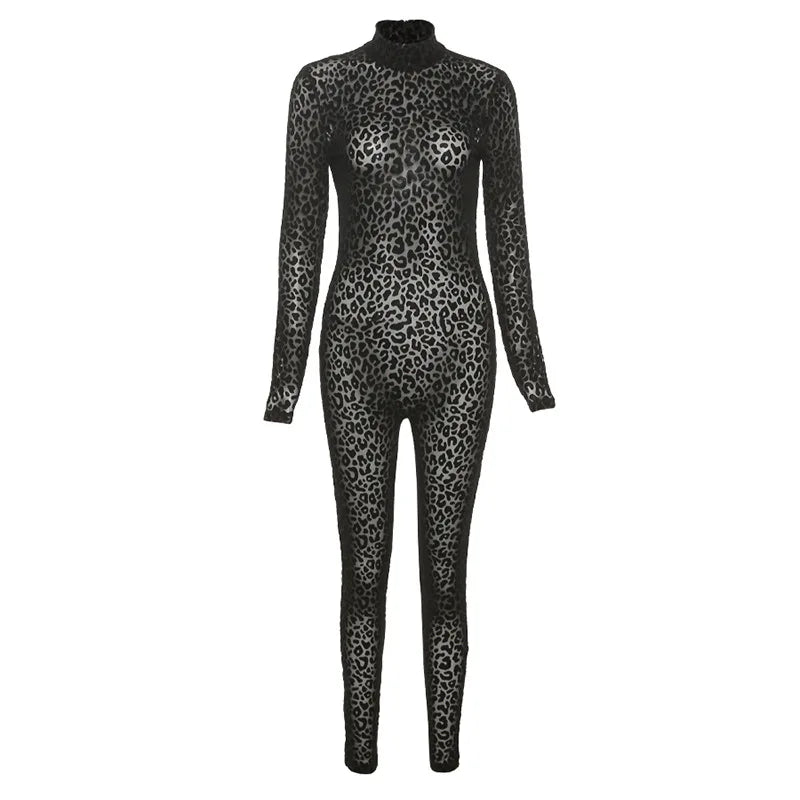 Shestyle Leopard Transparent Jumpsuits Women Skinny Back Zip Mock Neck Black Sexy 2021 Hot Animal Print Slim Clubwear Fitness