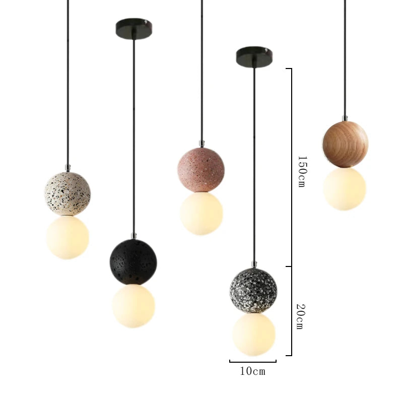OUDELADI Cement Pendant Lights Bedroom Bedside Dining Decor Wood Glass ball Hanging Lamp Kitchen LED Lighting Luminaires