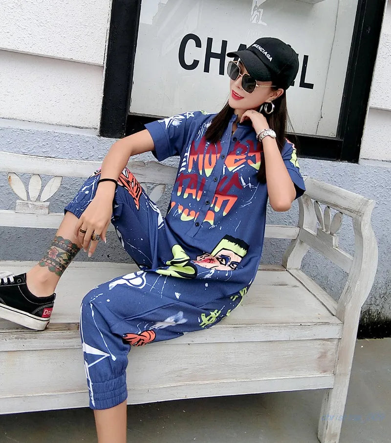 New Women Cartoon Graffiti Printing One Piece Overalls Mandarin Collar Short Sleeve Jumpsuit Hip Hop Design Rompers Baggy Pants