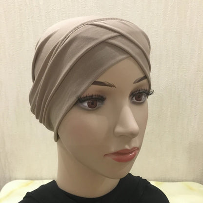 H117 Forehead criss Cross Muslim Turban Pure Color Stretch Inner Hijabs For Caps Ready To Wear Women Head Scarf Under Bonnet