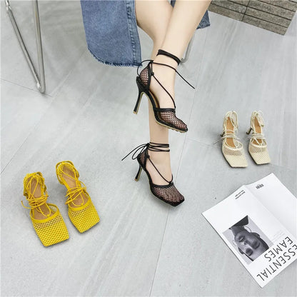 Eilyken Sexy Mesh Pumps Sandals Female Square Toe High Heel Lace Up Cross-Tied Stiletto Hollow Dress Shoes Zapatos Mujer