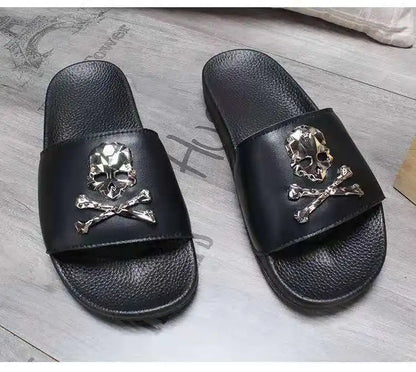 Summer Fashion Men's Leather Slippers Couple Beach Shoes Skull Sandals Slippers Antiskid Open Toe Flip Flops Big Size Slides