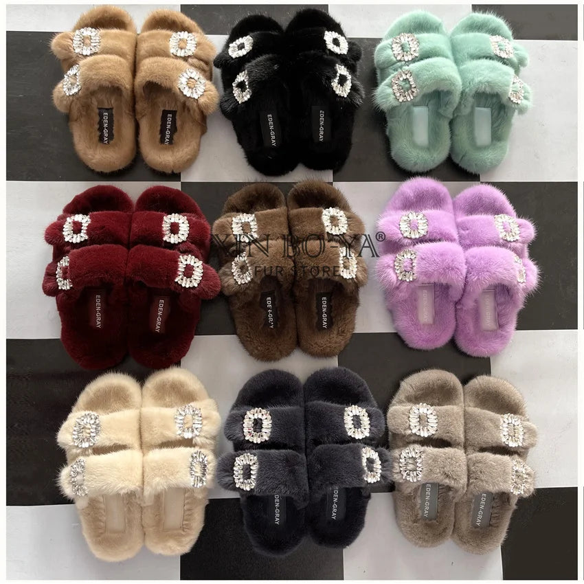 Winter Fur Slippers Women 2024 Flat Real Fur Mink Slippers Warm Soft Indoor Women Fur Slippers Luxury Designer Female Shoes
