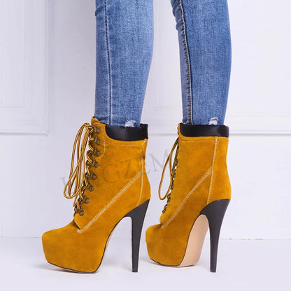 LAIGZEM Women Platform Booties Stiletto Heel Lace Up Ankle Boots Chaussure Shoes Woman Botas Mujer Ladies Large Size 39 46 50 52