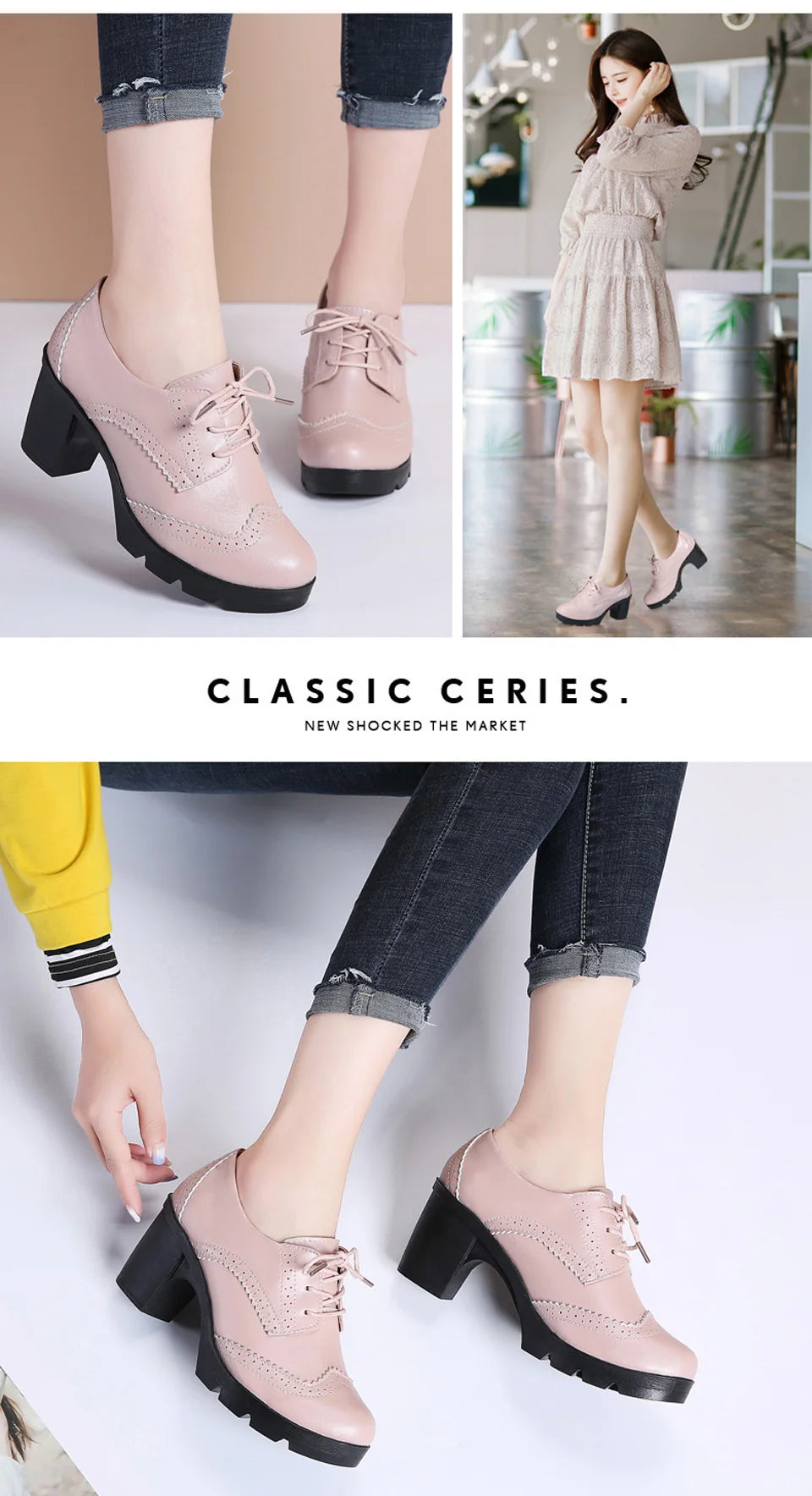 EOFK Women Brogue Shoes New Quaity High Square Heel Derby Genuine Leather High Heels Wedge Shoes Woman Female Shoes Pumps Casual