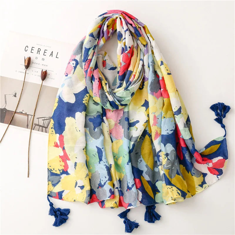 2026 Luxury Brand Ink Painting Floral Tassel Viscose Shawl Scarf Lady High Quality Pashmina Hijab and Wraps Foulard Muslim Sjaal