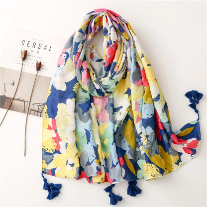 2026 Luxury Brand Ink Painting Floral Tassel Viscose Shawl Scarf Lady High Quality Pashmina Hijab and Wraps Foulard Muslim Sjaal
