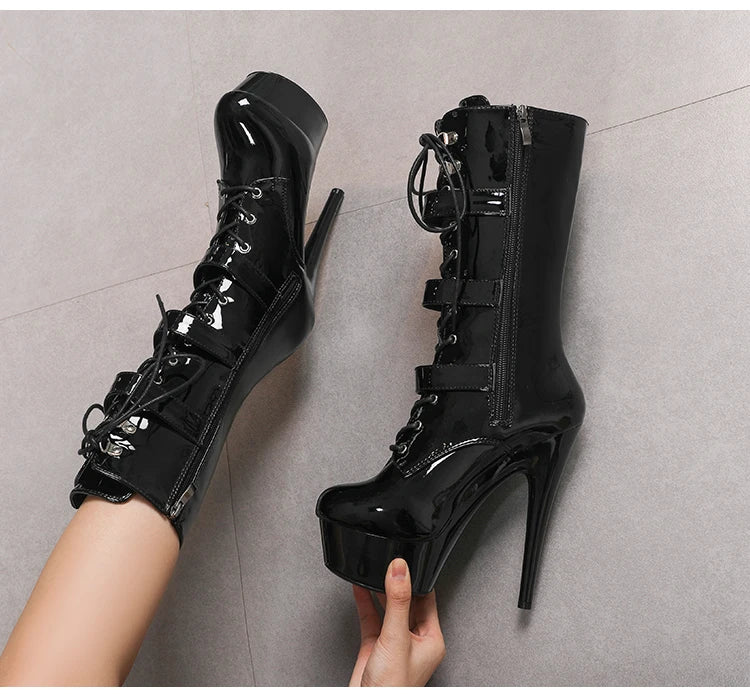 Fluorescent Green Fashionable Women ANKLE Boots Round Toe Side ZIP Short Boots Pole Dance Shoes Platform Heels Three Belt Buck