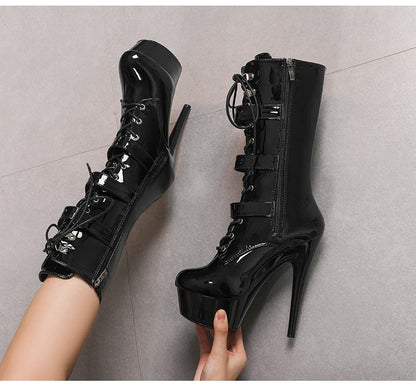 Fluorescent Green Fashionable Women ANKLE Boots Round Toe Side ZIP Short Boots Pole Dance Shoes Platform Heels Three Belt Buck