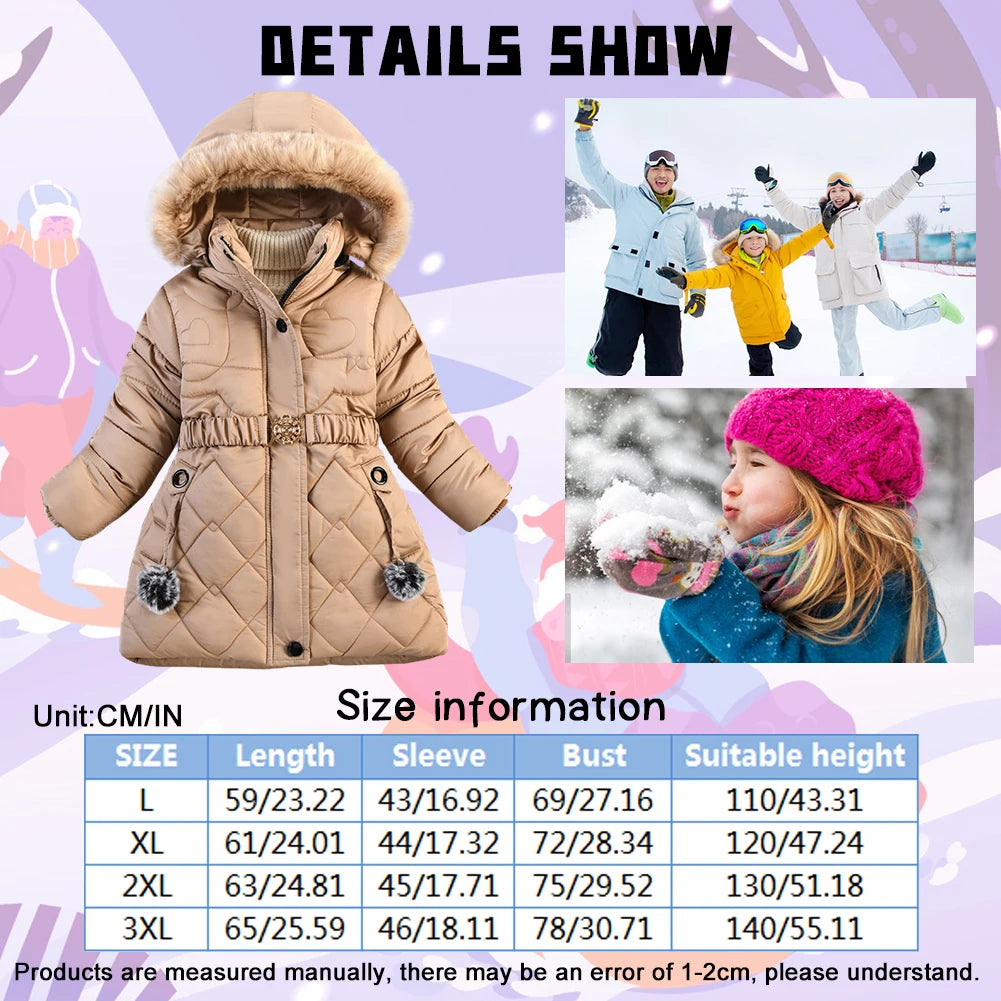 Winter Girls Jacket,Warm Thick Cotton Coat,Fashion Fur Hooded Children's Outerwear,Hairballs Zipper Elastic Waistband Coats