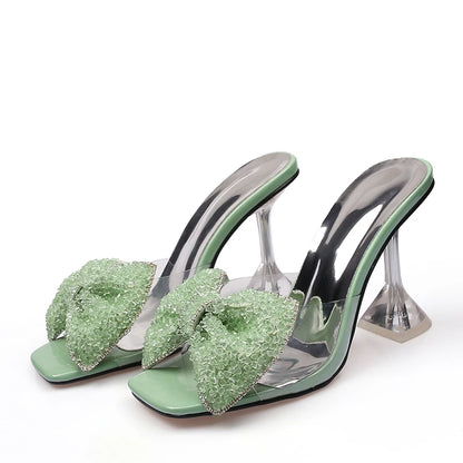 Size 34-46 Summer Party Slippers Fashion Green Rhinestone Bow Heels Sandals Women Square Open Toe PVC Transparent Shoes Slides