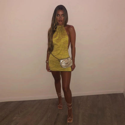 Cryptographic Halter Sexy Backless Mini Dresses Bodycon Skinny Club Party Sleeveless Knitted Dress Fall Streetwear Beach Holiday