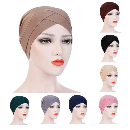 H117 Forehead criss Cross Muslim Turban Pure Color Stretch Inner Hijabs For Caps Ready To Wear Women Head Scarf Under Bonnet