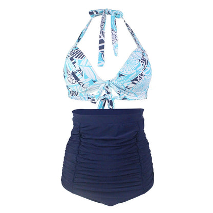 Pleated Bikini Red Top Navy Blue With White Dots Bottom Women Classic High Waist Halter Bikini Sets Plus Size Two-piece Swimwear