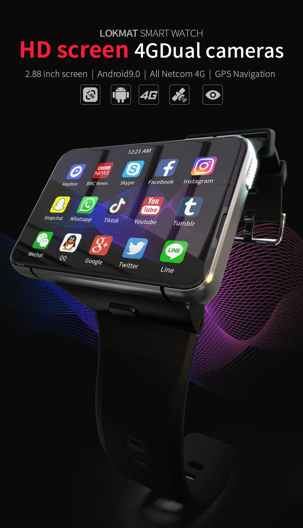 LOKMAT APPLLP MAX-NEW 4G LTE Smartwatch 2.8" Touch Screen WiFi Dual Camera Video Call Heart Rate Monitor Smart Watch for Android