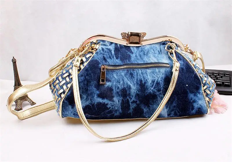 Denim Rhinestones Women Handbag Clutch Bag For Evening Party Chic Butterfly Decoration Ladies Denim  Shoulder Bag