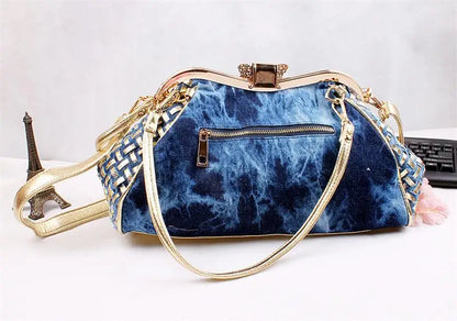 Denim Rhinestones Women Handbag Clutch Bag For Evening Party Chic Butterfly Decoration Ladies Denim  Shoulder Bag