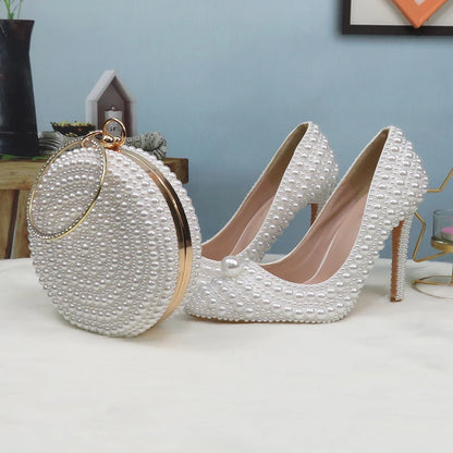 BaoYaFang White Beads Pearl Women Wedding Shoes Bride High Heels Shoes Ladies Super Big Size Party Dress Shoes Woman Pointed Toe
