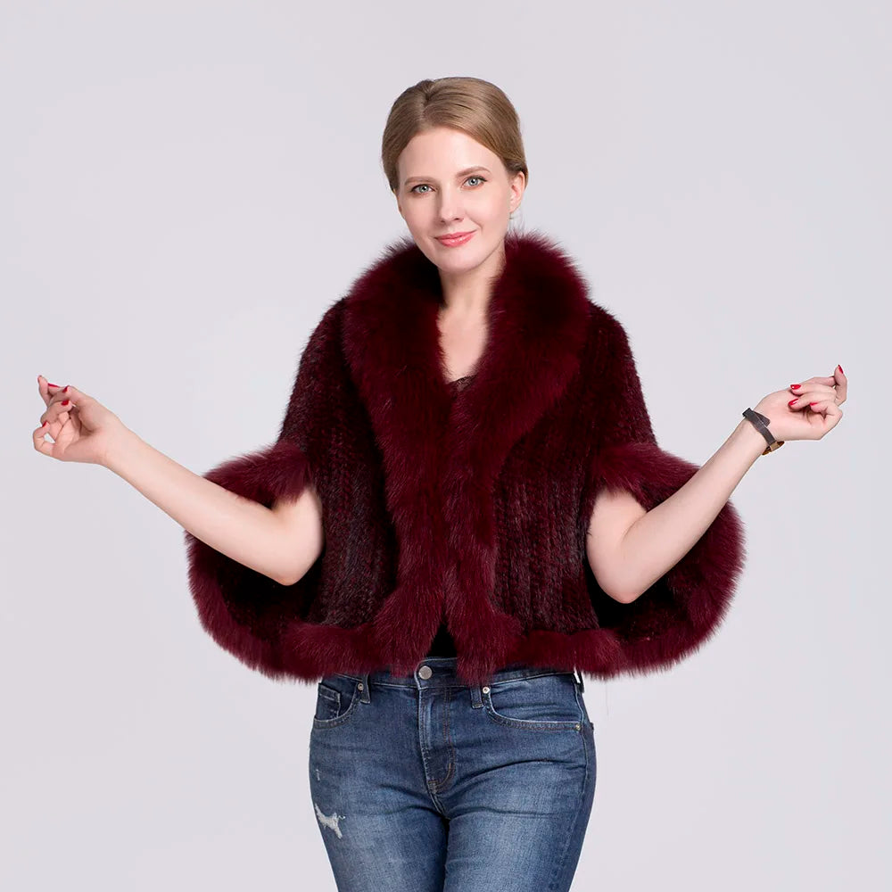 Ms.MinShu-Natural Mink Fur Poncho for Women, Trimmed Mink Fur Coat, Fox Fur Collar, Sleeveless, Woven Jacket, Outwear