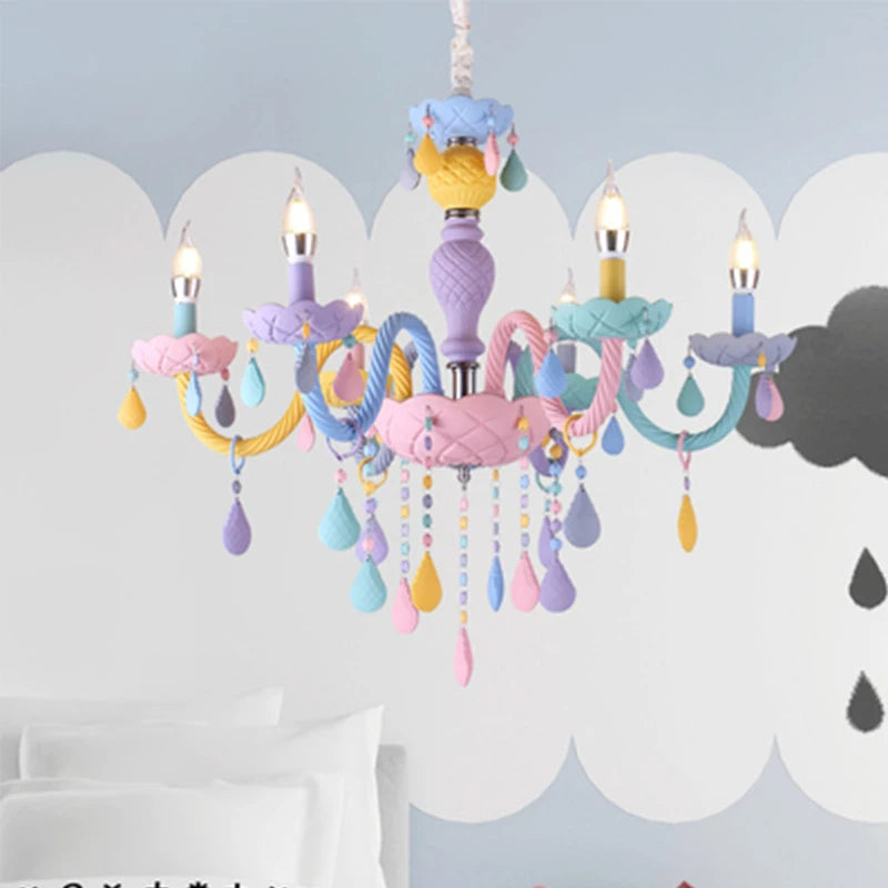 Rainbow Crystal Chandelier European Candle Lustres Bedroom Children's Room American LED E14 8 Lights Princess Makaron Kid Lamps