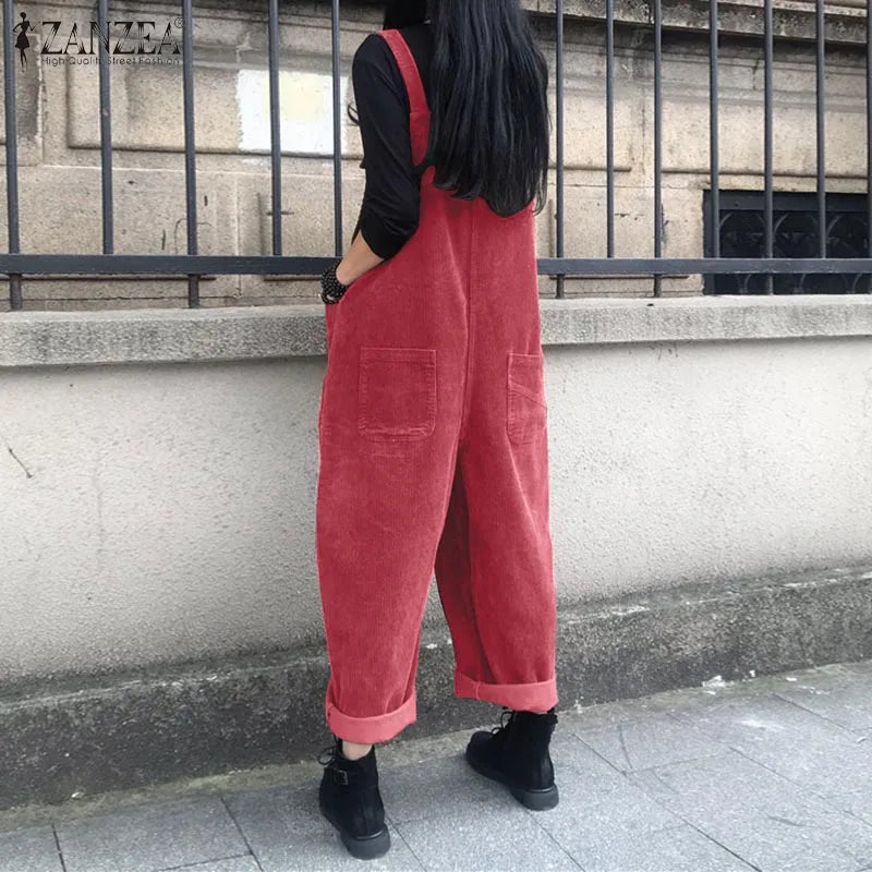 Corduroy Overalls Women's Summer Bib Jumpsuits ZANZEA 2026 Casual Suspender Harem Pants Female Solid Rompers Femme Oversize