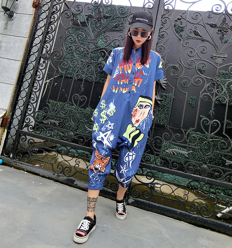 New Women Cartoon Graffiti Printing One Piece Overalls Mandarin Collar Short Sleeve Jumpsuit Hip Hop Design Rompers Baggy Pants
