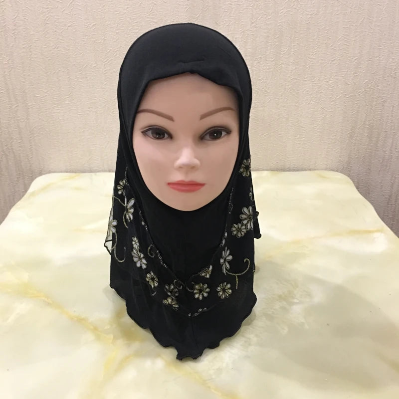 H043 beautiful small girl hijab with flower net cute hijab hats women's caps can fit 2-6 years old girls muslim baby headscarf